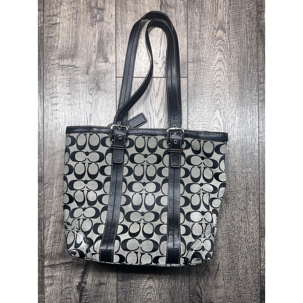 Coach Hampton Signature Canvas Tote Shoulder Bag Black Gray Purse F12645
